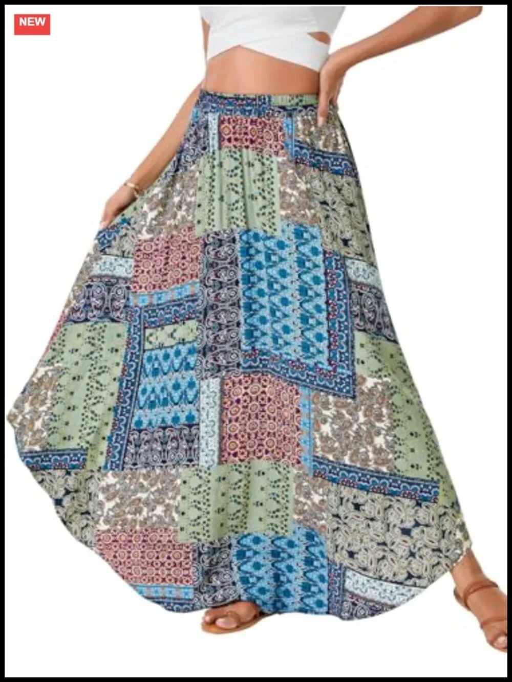 Boho Flowy Maxi Skirt Asymmetric A Line Elastic Waist Summer